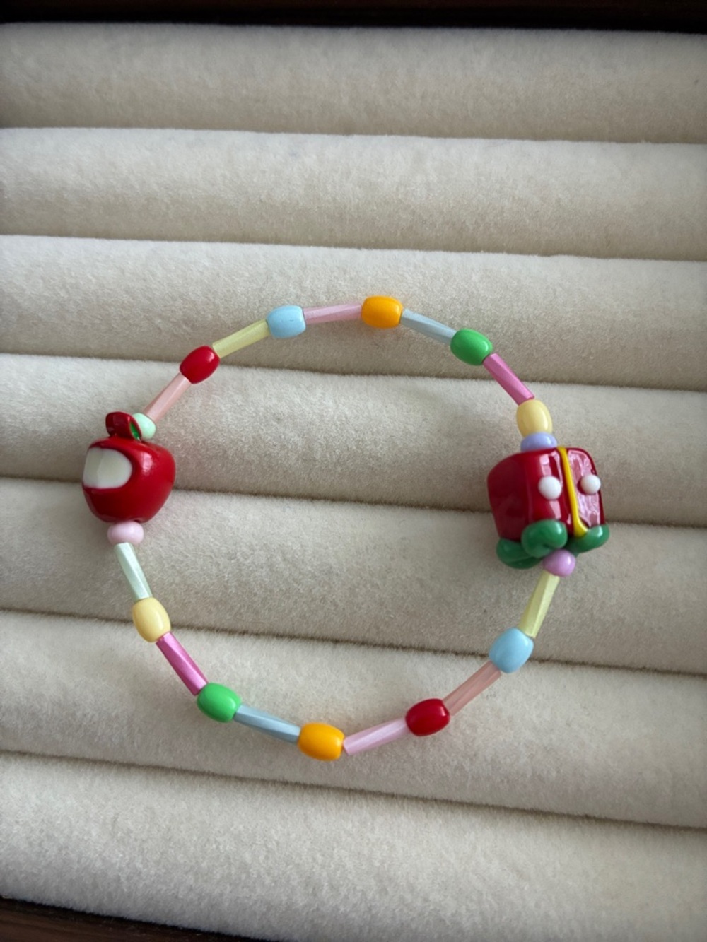 Children's Multicolor Beaded Bracelet with Red Apple & Backpack Charms